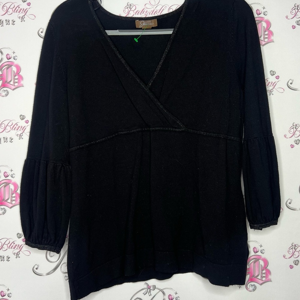Jessica sparkly black trim blouse top sweater bubble arm sleeves size large